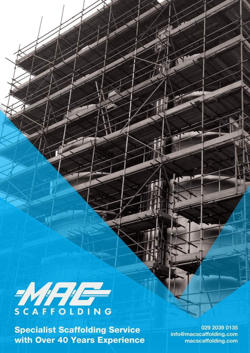Front cover: the MAC Scaffolding logo over a photograph of a scaffold rising against the sky, with the line “Specialist Scaffolding Service with Over 40 Years Experience” and the Cardiff office telephone number and email address.