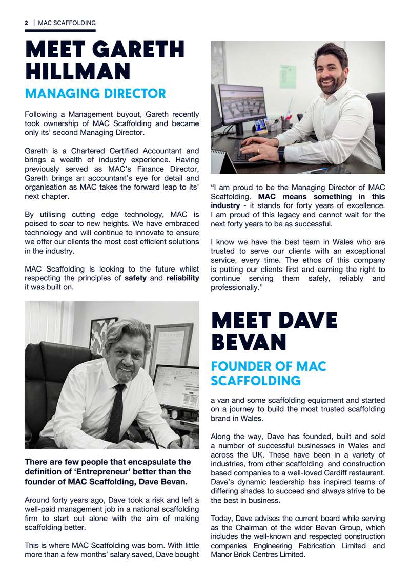 Page 2: “Meet Gareth Hillman, Managing Director” and “Meet Dave Bevan, Founder of MAC Scaffolding” — Gareth’s account of the management buyout and his ambitions for the company, and the story of Dave founding the business with a van and some scaffolding equipment.