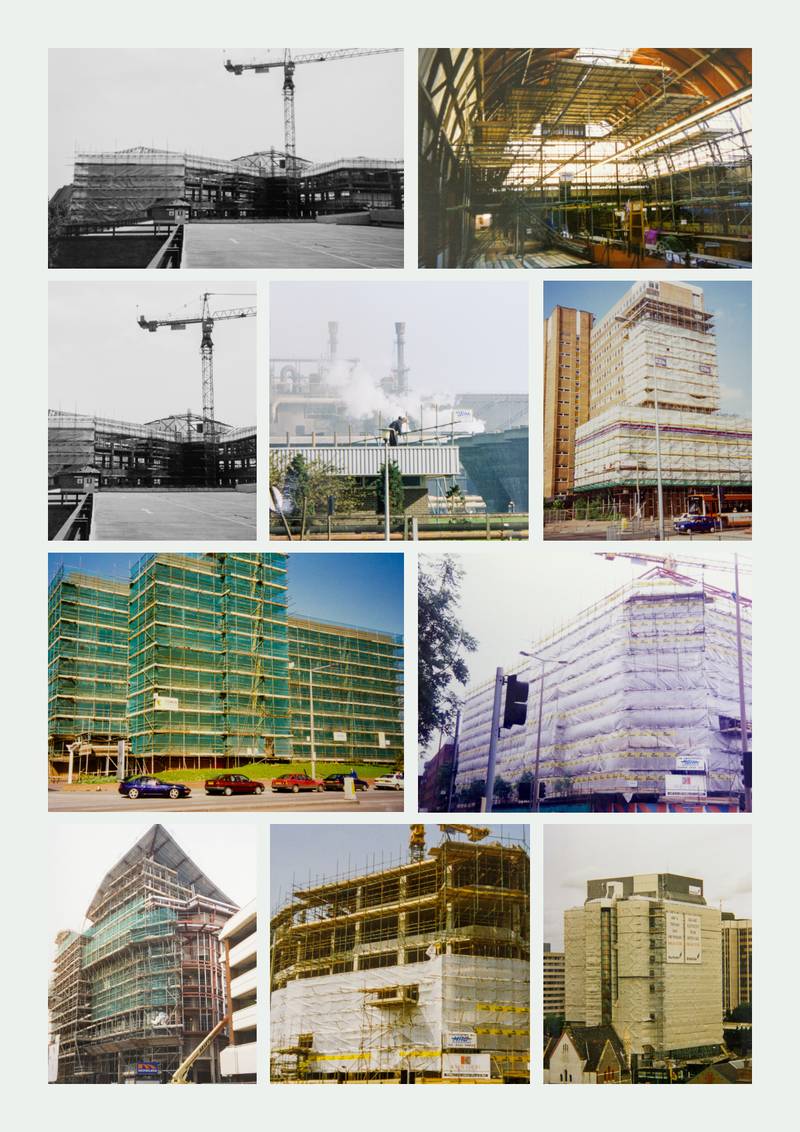 Page 3: a grid of twelve project photographs — tower blocks, stadium roofs, industrial plant and new-build housing, each under MAC scaffolding.
