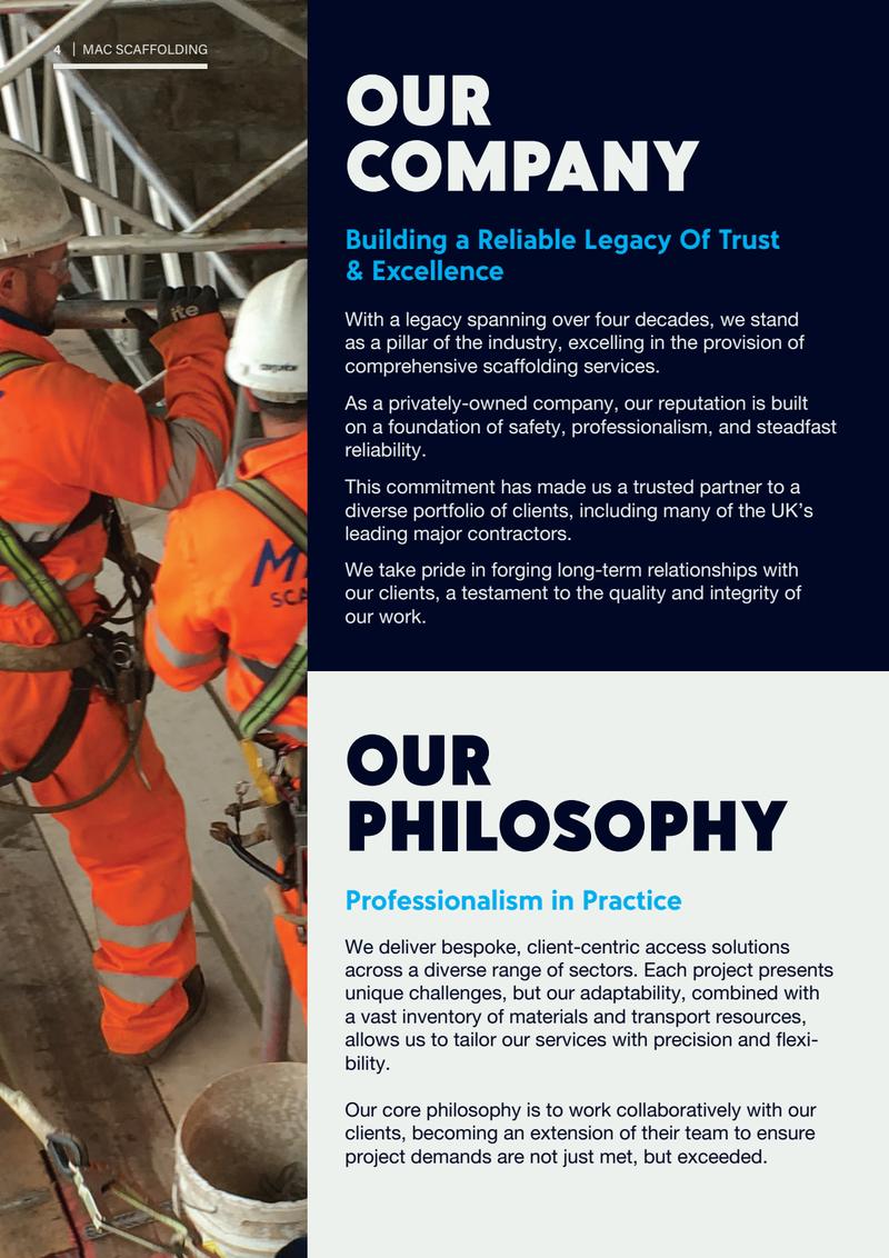 Page 4: “Our Company — Building a Reliable Legacy of Trust and Excellence” and “Our Philosophy — Professionalism in Practice”, beside a photograph of a scaffolder in orange hi-vis and a white helmet.