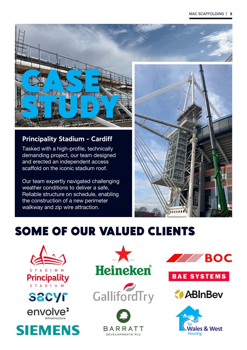 Page 5: case study, Principality Stadium, Cardiff — scaffolding designed and erected on the stadium roof — above “Some of our valued clients”, showing the Principality Stadium, Heineken, BOC, Sacyr, Galliford Try, BAE Systems, Envolve, Siemens, Barratt Developments, ABInBev and Wales & West Housing marks.