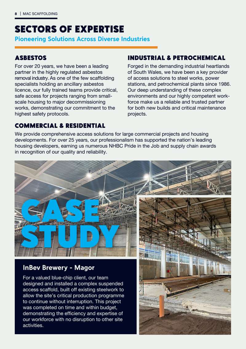 Page 8: “Sectors of Expertise — Pioneering Solutions Across Diverse Industries”, covering asbestos, industrial and petrochemical, and commercial and residential work, with a case study on InBev Brewery, Magor.