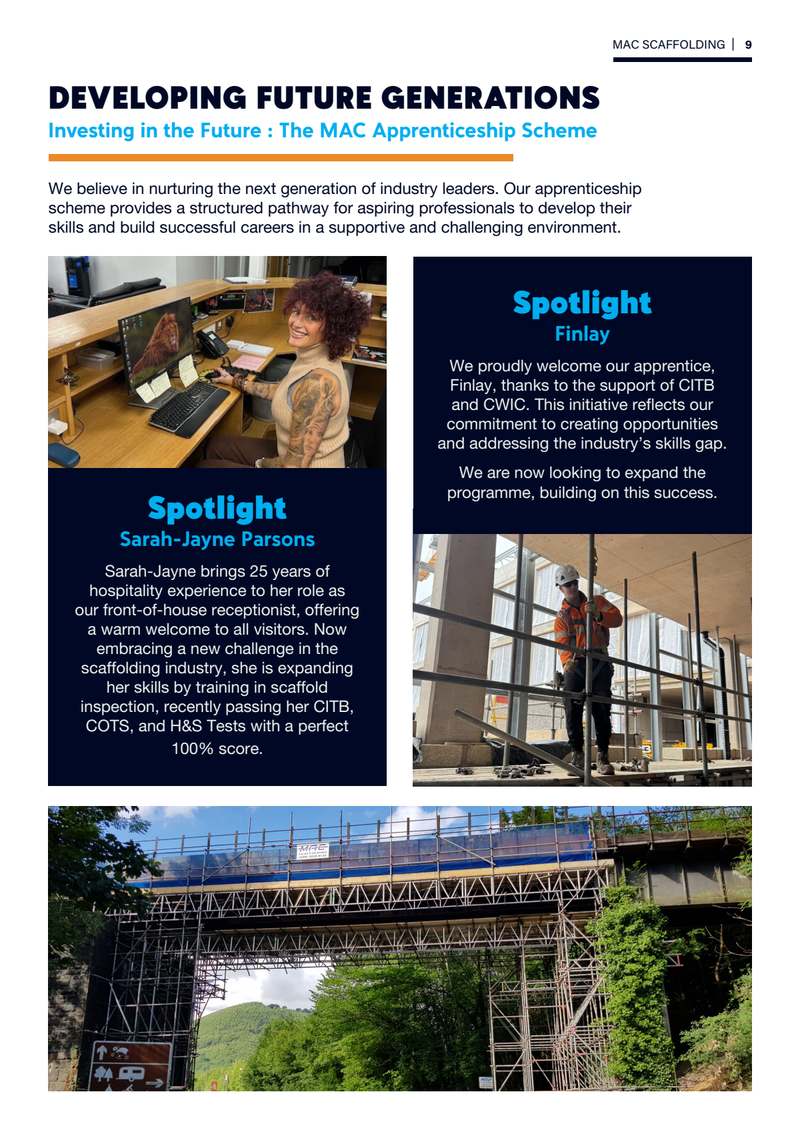 Page 9: “Developing Future Generations — Investing in the Future: The MAC Apprenticeship Scheme”, with spotlights on Finlay, an apprentice supported by CITB and CWIC, and Sarah-Jayne Parsons, who moved from hospitality to the front desk and into scaffold inspection.