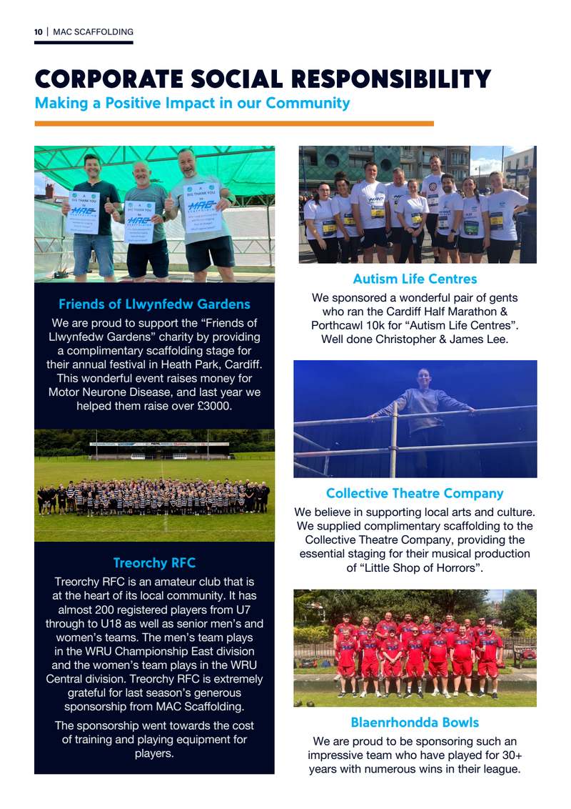 Page 10: “Corporate Social Responsibility — Making a Positive Impact in our Community”, on the Friends of Llwynfedw Gardens, Autism Life Centres, Treorchy RFC, the Collective Theatre Company and Blaenrhondda Bowls.