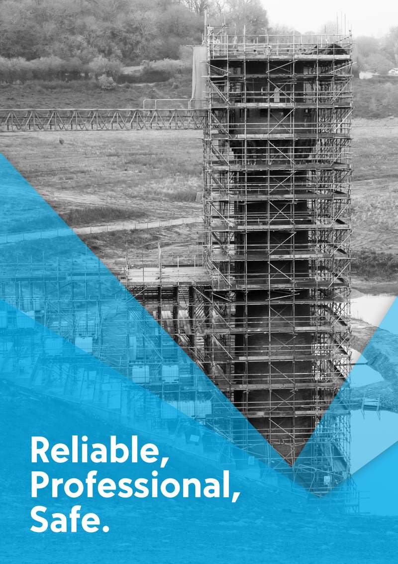 Page 11: a black-and-white photograph of a sheeted scaffold, captioned “Reliable, Professional, Safe.”