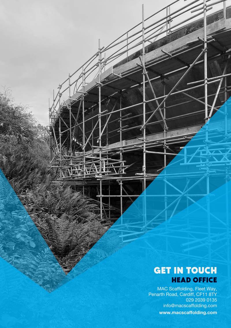 Back cover: “Get in Touch” over a black-and-white scaffold photograph, giving the head office at MAC Scaffolding, Fleet Way, Penarth Road, Cardiff CF11 8TY, the telephone number 029 2039 0135 and the company email address.